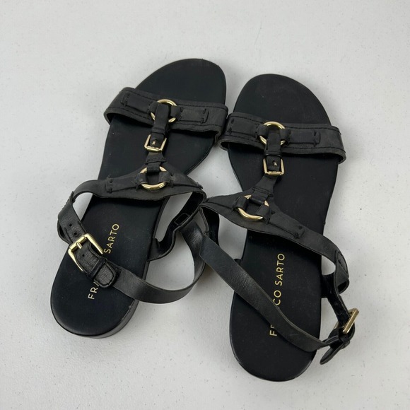 Franco Sarto Strappy Sandals Womens 10M Black‎ Leather Flat Heel Buckle Vacation - Picture 9 of 16